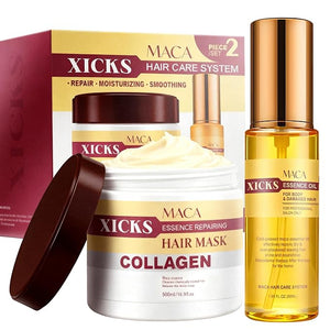 Maca Collagen Essence Deep Repair Hair Mask + Maca Essence Oil SetNourishing Moisturizing Repair for Damaged Hair Professional Hair &amp Body Care with Argan Oil for All Hair Types(16.9 oz + 1.69 o