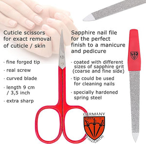 3 Swords Germany - Brand Quality 6 Piece Manicure Pedicure Grooming kit Set - Scissors Metal and Glass Nail File Clipper Tweezers with Synthetic Leather case - red/red Tools
