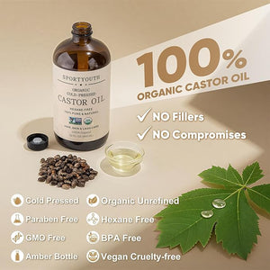 SPORTYOUTH Castor Oil Organic Cold Pressed Hexane Free USDA Certified 100% Pure 32oz Glass Bottle Non-GMO Unrefined Carrier Oil for Hair Growth Castor Oil Pack Skin Moisturiser Face Lash Brow