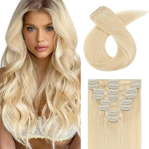 Hairro Clip in Hair Extensions 100% Human Hair Thin Bleach Blonde 12 Inch Short Straight Human Hair Clip on Hairpieces 55g Machine Weft 8pcs 18 Clips for Women #613