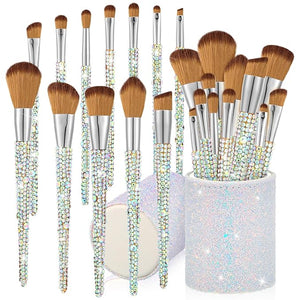 Rtteri 13 Pcs Rhinestone Silver Makeup Brushes Set Bling Crystal Professional Face Cosmetics Blending Liquid Foundation Powder Concealer Eye Shadows Make up Beauty Tool Glitter with Holder
