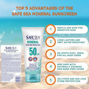Safe Sea Zinc Oxide Sunscreen SPF50 | Clear Mineral Face Sunscreen Without White Cast | Anti-Jellyfish Sting Protective Lotion | Coral Reef Safe | Travel Size - 2Oz (60ml), Pack of 3