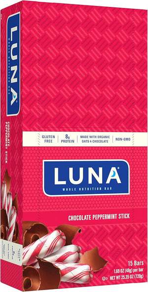 LUNA BAR - Gluten Free Snack Bars - Chocolate Peppermint Stick -8g of protein - Non-GMO - Plant-Based Wholesome Snacking - On the Go Snacks (1.69 Ounce Snack Bars 15 Count)