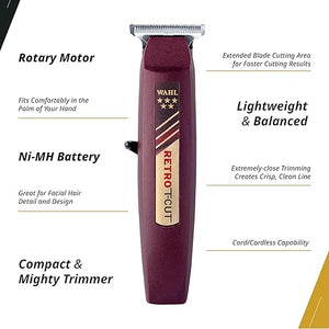 Wahl Professional Retro T-Cut Trimmer, Cordless, Adjustable T-Wide Blade, NiMH Battery, 60-Minute Run Time, Includes 3 Guides