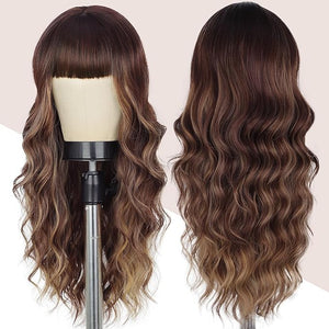 Lativ Brown Wig With Bangs Long Wavy Brown Mixed Blonde Highlight Wig with Dark Roots Ombre Natural Curly Synthetic Resistant Fiber Wigs for Women Daily Party Use 26 Inches
