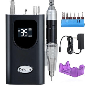Delanie Professional Nail Drill High Torque 35000 RPM Rechargeable Portable Electric Nail File Filer for Acrylic Gel with Cuticle Bits Salon Manicure Tool Black