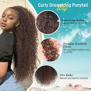 Kalyss Drawstring Ponytail for Black Women Deep Curly Ponytail Extension Synthetic Blended Afro Kinky Curly Pony Tail Hairpieces for Women 27 Inches £¨Brown£©