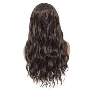 SWACC Long Curly Wavy Wig with Bangs Synthetic Hair Wig for Women with Wig Cap (Dark Brown)