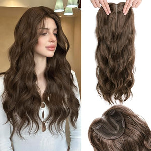Hair Toppers for Women Thinning Hairs 24 Inch Long Layered Topper Curly Synthetic Wiglets Pieces Hand-Tied Hairline Synthetic Clip on Hair Topper for Women Dark Brown Mix Golden Brown