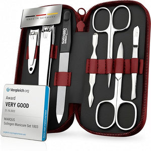 Manicure Set Solingen Made in Germany - 7 Piece Exclusive Finger &amp Toe Nail Clippers Kit for Women and Men in Real Leather Case Color Red