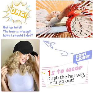 Baseball Hat WigHat with Hair attached 16'' Adjustable Black Cap with Wavy Curly Synthetic Bob Hair Extensions for Women Girls(Natural Black)