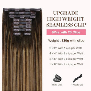 GOO GOO Clip in Hair Extensions Real Human Hair Remy Human Hair Extensions Clip ins for Women Natural Human Hair 18inch 170g 9Pcs #4/27/4 Balayage Chocolate Brown to Caramel Blonde