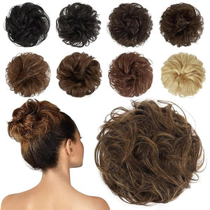 FESHFEN Human Messy Buns - 100% Human Hair Bun Real Scrunchies Hair Pieces Ponytail Extensions Wavy Tousled Updo Chignon Hairpieces for WomenDark Brown Mixed Blonde