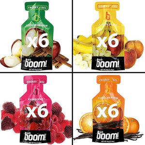 Boom Nutrition Carb Boom Energy Gels - Apple Cinnamon Banana Peach Raspberry &amp Vanilla Orange Flavors (6 Each) - Natural Energy Gel for Cycling &amp Running - (Variety 24 Pack)