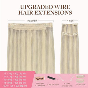 GOO GOO Wire Hair Extensions Human Hair 17A/60A Ash Blonde mix Platinum Blonde Highlighted 14inch 105g Invisible Wire Hair Extensions with Transparent Seamless Fish Line Hairpiece