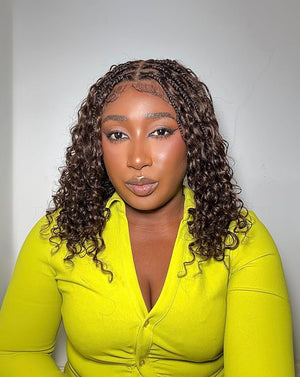 Mila Full Lace Bohemia Braided Wigs - 18 Human Hair Boho Curls and Synthetic Braids Hand-Tied Full Lace Natural Scalp Pre-Plucked Knotless - Dark Brown #4