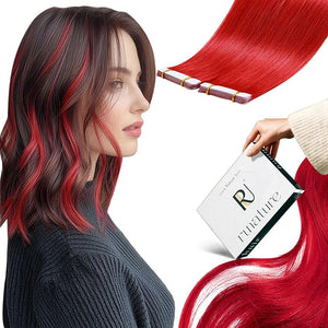RUNATURE Red Tape in Hair Extensions Human Hair 16 Inch 25g Colored Human Hair Tape in Extensions for Highlight Party Straight Remy Natural Red Hair Extensions 10pcs