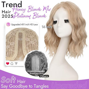 Honey Blonde Mix Platinum Blonde Short Wavy Wig for Women Lace Hairline Bob Style Synthetic Heat Resistant - Natural Appearance for Everyday Hairstyle 14 Inch