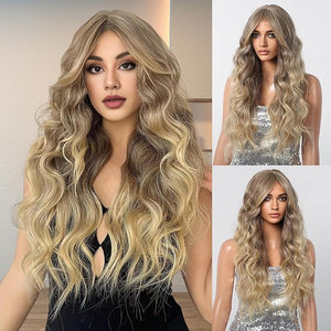 Haoland Ombre Blonde Curly Wig for Women 26 Inch Long Synthetic Wavy Wig with Bangs