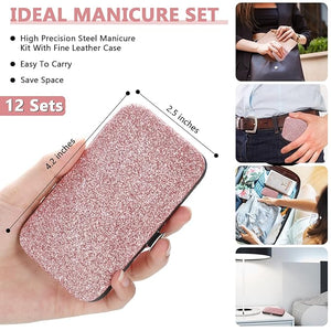 Geosar 12 Sets Manicure Set Nail Clippers Pedicure Kit 8 in 1 Grooming Stainless Steel Kits Nail Care Tools with Travel Case Xmas Gifts Christmas Stocking Stuffers for Men Women(Glitter Pink)