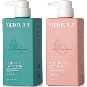 Medix 5.5 Exfoliating AHA Glycolic Acid Face &amp Body Wash Cleanser + Hyaluronic Acid Moisturizing Body Cream Lotion Skin Care 2PC Set | Alpha Hydroxy Acid &amp Lactic Acid Foaming Face Wash