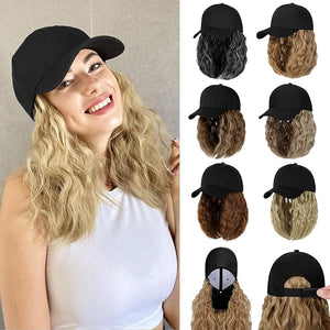 Baseball Hat WigHat with Hair attached 16'' Adjustable Black Cap with Wavy Curly Synthetic Bob Hair Extensions for Women Girls(White and Black)