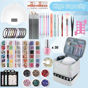 Nail Polish Organizer and Nail Lamp Case, Nail Kit Organizer Holds 30 Bottles (15ml - 0.5 fl.oz) and a Nail Lamp, Nail Polish Carrying Case with Manicure Tools Storage Sections (White)