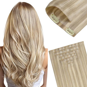GOO GOO Invisi Edge Clip in Hair Extensions 14inch 130g 9Pcs Injected Seamless PU Clip in Hair Extensions Virgin Real Human Hair 17A/60A Ash Blonde Highlighted Platinum Blonde
