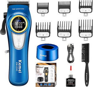 KEMEI 2242 Professional Hair Clippers for Men Cordless Barber Clipper with LED Display &amp Charging Base Hair Cutting Tools 9000 RPM Super Torque Motor Blue