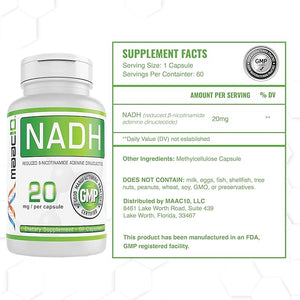 MAAC10 NADH Supplement 20mg Each 60 Capsules for Energy Fatigue Mental Focus &amp NAD+ Longevity Support | Pharmaceutical Grade 99% Pure NADH