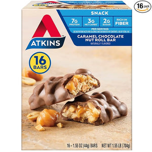 Atkins Caramel Chocolate Nut Roll Snack Bar Protein Snack  7g Protein 2g Sugar Rich in Fiber 16 Count