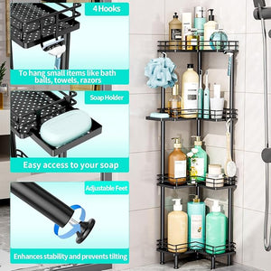 HapiRm Corner Shower Caddy Organizer - 4 Tier Shower Shelf Corner with Soap Holder Rustproof Bathroom Standing Organizer with 4 Hooks Black