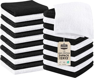 Utopia Towels 24 Pack Cotton Washcloths Set, 100% Ring Spun Cotton, Premium Quality Flannel Face Cloths, Highly Absorbent and Soft Feel Fingertip Towels, Black, White