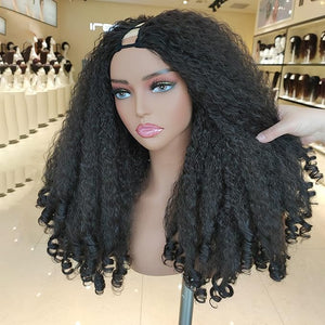 New Afro Curly V Part Wig Synthetic Braided Hair Texture with Unique Bouncy Curls in the End 20 Inch Soft Curly Full Hair V Part Wigs Synthetic for Black Women No Leave out Clip in Half Wig