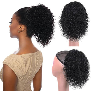 Ponytail Extension Human Hair 12 Deep Curly Drawstring Ponytail for Black Women 3C Kinky Curly Extension Natural Black for Daily Use(Natural Black 1B)