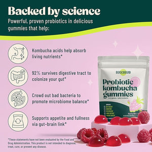 Probiotic Kombucha Gummy - Prebiotics Probiotics Postbiotics Fiber Supplement Slippery Elm Dandelion Root MCT Oil for Bloating Gut Health - Probiotics for Women and Men