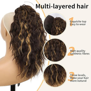 ORSUNCER Claw Clip Ponytail Extension Wavy Pony Tails Hair Extensions Layered Fluffy Clip on ponytails for Women Synthetic Hairpieces Chocolate Brown with Caramel Blonde