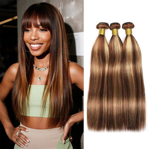 Highlight Straight Human Hair Bundles 16 18 20 Inch Brazilian Remy Virgin 10A Straight 3 Bundles Human Hair Hair Extensions Bundles P4/30 Highlight