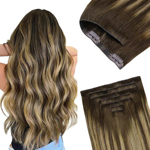 GOO GOO Invisi Edge Clip in Hair Extensions 16inch 160g 9Pcs Injected Seamless PU Clip in Hair Extensions Virgin Real Human Hair #4/27/4 Balayage Chocolate Brown to Caramel Blonde