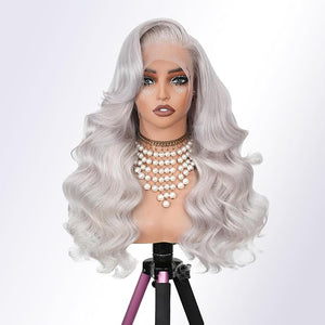 Grey Wig Human Hair 250 Density 32 Inch 13x6 Body Wave Colored Lace Front Wig Human Hair Pre Plucked, 100% Real Human Hair No Synthetic Blend Tangle Free Shedding Free Triple Lifespan 3X