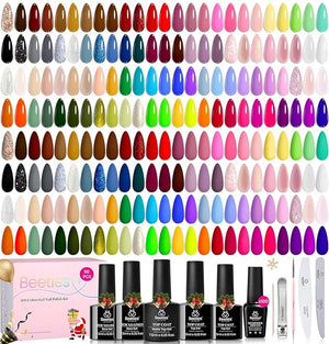 Beetles 110 PCS Gel Nail Polish Set, 100 Colors Infinite Inspiration Gift Spree All Season Red Brown Green Black Gel Polish with 5Pcs Base Top Coat Soak off UV Gel for Manicure Lovers DIY at Home
