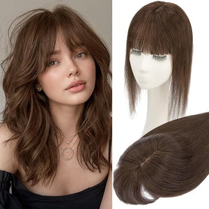 Rich Choices Real Human Hair Toppers for Women 3D Cover Clip in Bangs 100% Remy Human Clip in Silk Base Hair Topper with Bang for Thinning 150% Density 12 Inch #2R Chocolate Brown