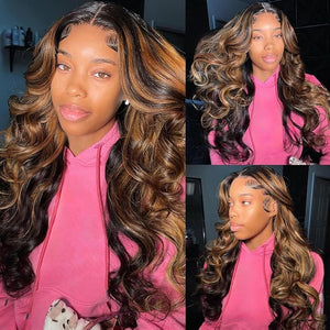 Highlight Honey Ombre Lace Front Wig Human Hair Body Wave Lace Front Wigs Human Hair Pre Plucked 9x6 1B/30 Brown Highlight Wig Colored 32 Inch Balayage Glueless Wigs for Women