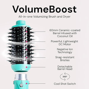 L'ANGE HAIR VolumeBoost 60mm 2-in-1 Ceramic Volumizing Brush Dryer | Fast Drying &amp Styling for Frizz-Free Voluminous Blowouts | Ceramic-Coated Barrel (Blue)