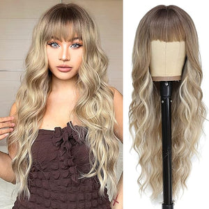 NAYOO Blonde Wigs with Bangs for Women Long Curly Wavy Hair Wigs Heat Resistant Synthetic Fiber Wigs for Daily Party Use 26 Inches (Dirty Blonde)