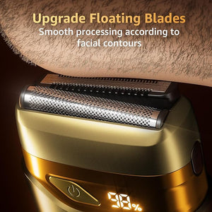 Electric Foil Shavers for Men Mini Electric Razor Compact Face Shaver IPX7 Waterproof Wet Dry Cordless Razor LED Display USB-C Travel-Friendly Light Gold