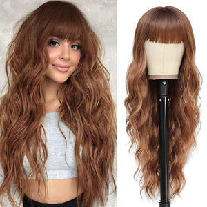 NAYOO Brown Wigs with Bangs for Women Long Curly Wavy Hair Wigs Heat Resistant Synthetic Fiber Wigs for Daily Party Use 26 Inches (Light Brown)