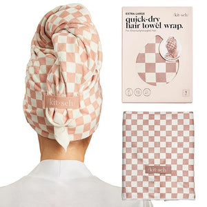 Kitsch XL Microfiber Hair Towel Wrap for Women ? Ultra Absorbent Microfiber Towel for Wet, Curly, Long or Short Hair ? Quick Dry, Anti-Frizz Hair Wrap ? Terracotta Checkered, 40x24 inches