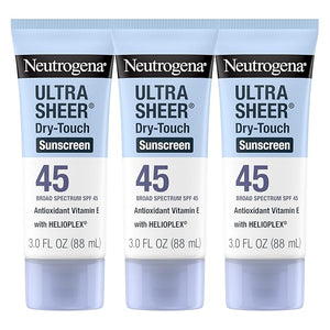 Neutrogena Ultra Sheer Dry-Touch Sunscreen For Face &amp Body SPF 45 Broad Spectrum UVA/UVB Protection Lightweight Water Resistant &amp Non-Greasy Travel Size Sunscreen 3 fl. oz Pack of 3
