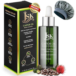JSK Organic Castor Oil for Hair Growth Eyelash Serum USDA Certified Cold-Pressed Unrefined Hair Oil 100% Pure Hexane-Free 3.3 Oz Glass Bottle with Bonus Silk Hair Bonnet